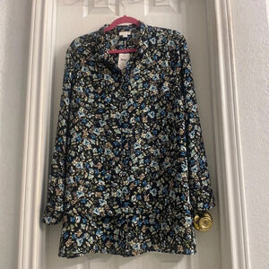 J JILL Floral tunic Blouse Black Layered Tiered Button Up and Long Sleeve S XL